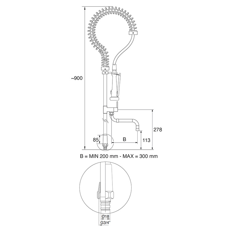 Groupe douchette de prélavage hauteur avec bec 900 mm