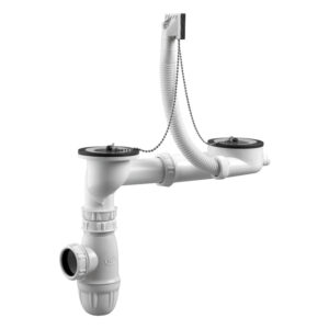 Vidage complet évier inox 2 cuves avec siphon